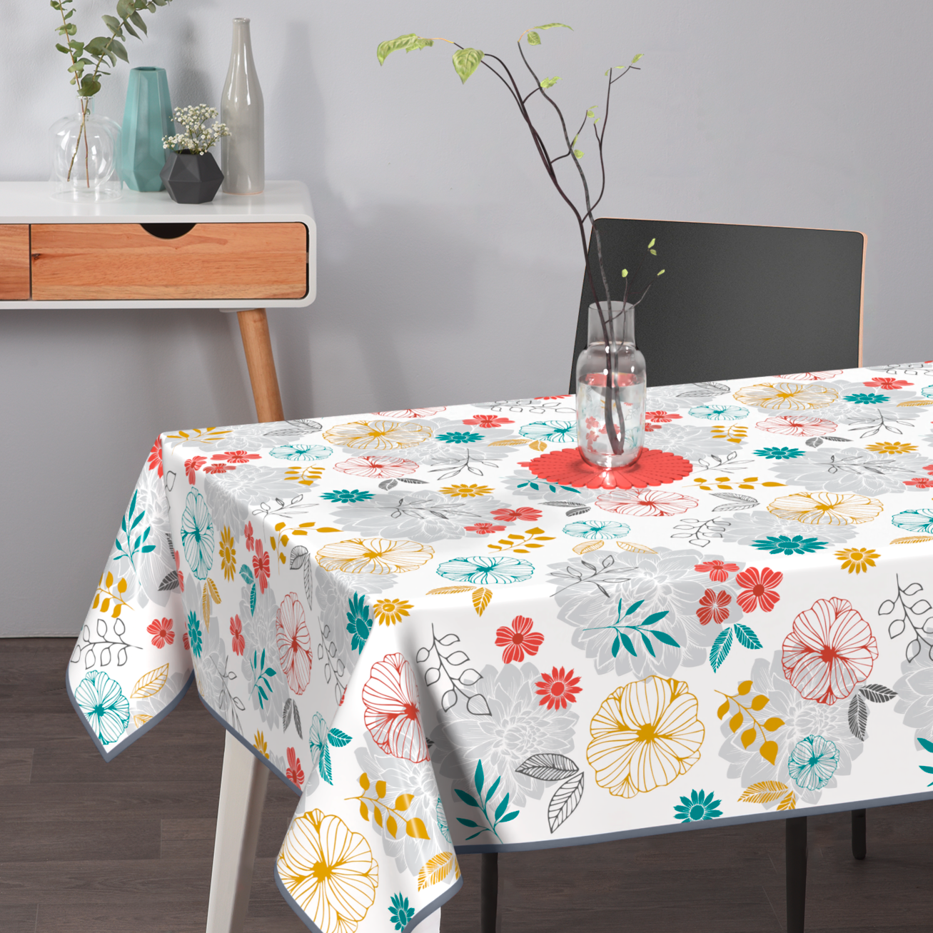 Wachstischdecke mit buntem Blumenmuster schützt Tisch vor Flecken und Feuchtigkeit