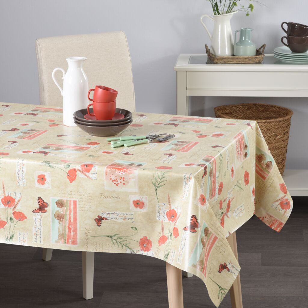 Nappe toile cirée supérieure Coquelicots sable - 155x220cm, ovale