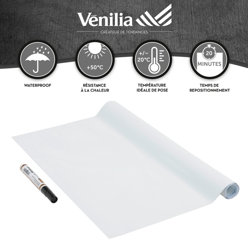 Venilia Film pour tableau blanc, Film pour tableau Tableau Rouleau Blanc, 67,5cm x 1,5m, Épaisseur 150μ, Feuille de papier autocollant, sans  phtalates